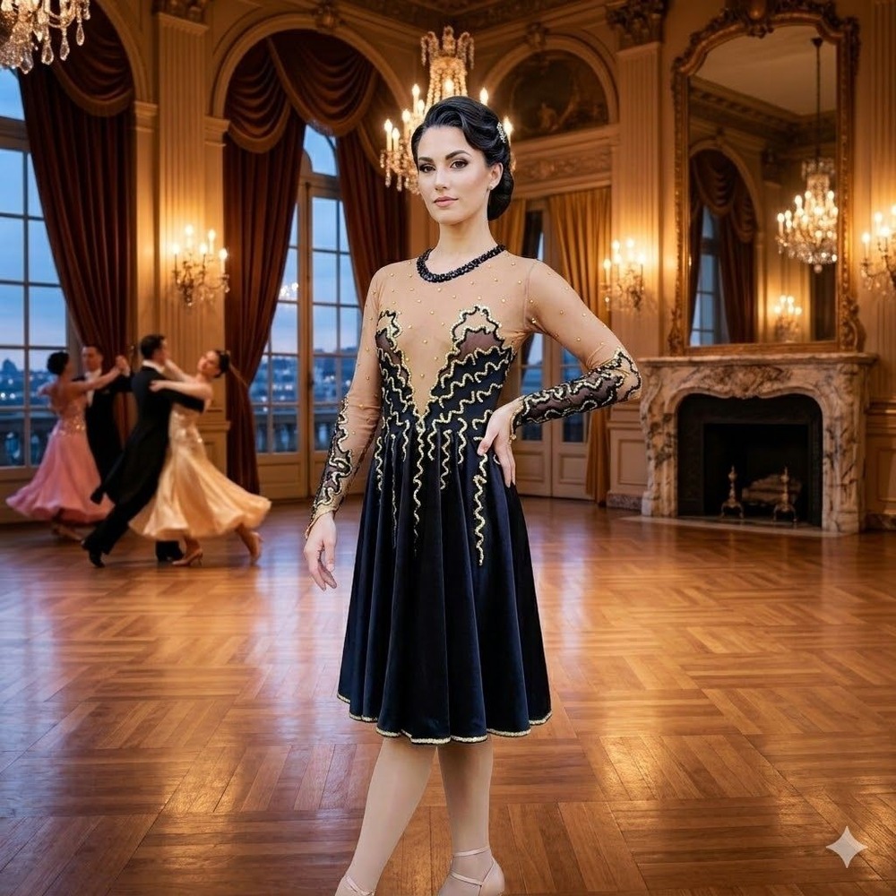 Testing/Competition Dance Dress Womens Black Gold Rhinestone Mesh Full Skirt XXS